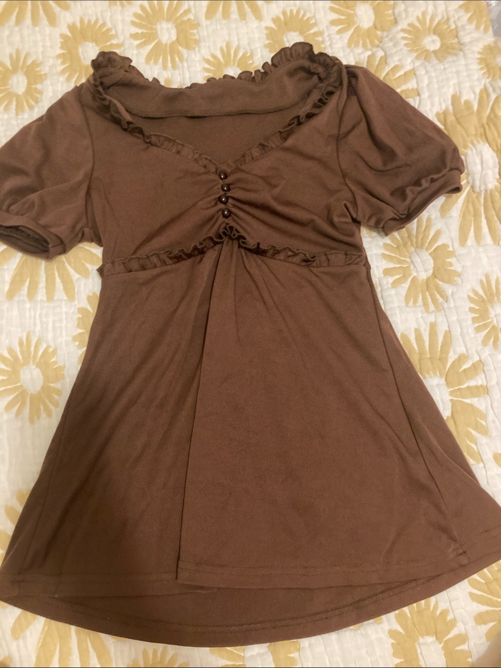 Ruffle-Trim Brown Short Sleeve Tunic Top/ babydoll top